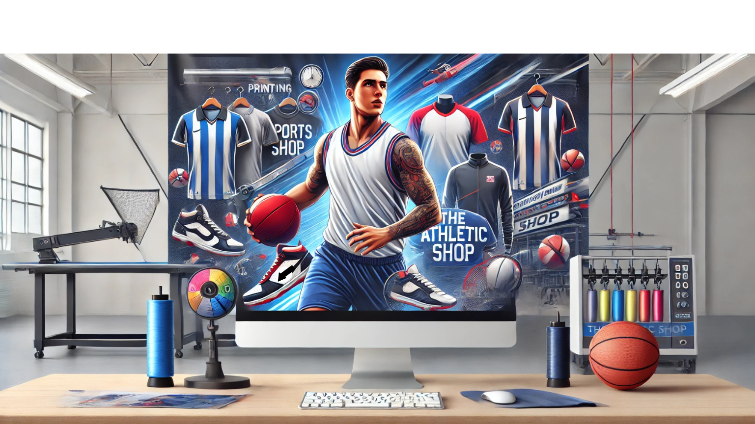 Image shows sports uniforms, athletic gear, an athlete playing basketball. There are also elements that show what The Athletic Shop does, such as screen printing, embroidery, and heat seal.